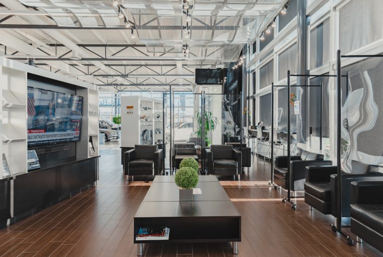 Customer waiting area with shield separators at Lonestar Mercedes-Benz.