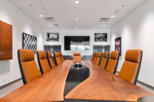 Live-edge table in the boardroom at Carter Cadillac.