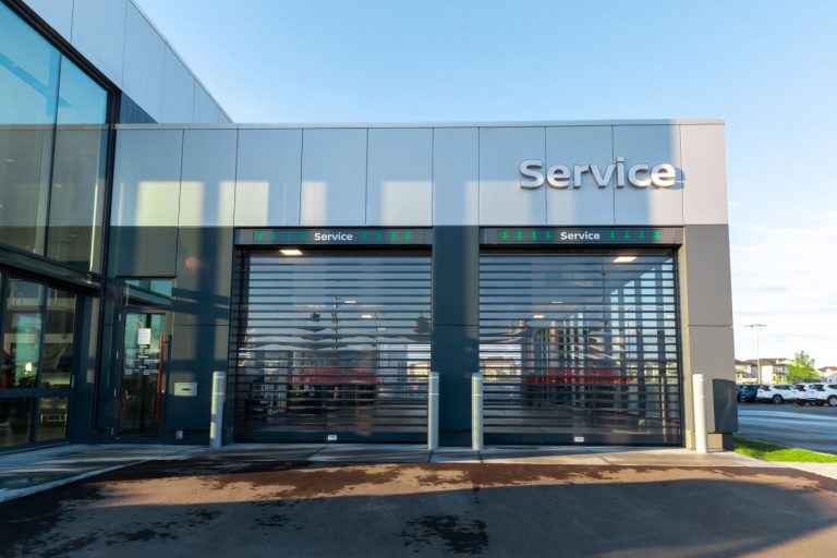 Service bay doors at South Trail Nissan.