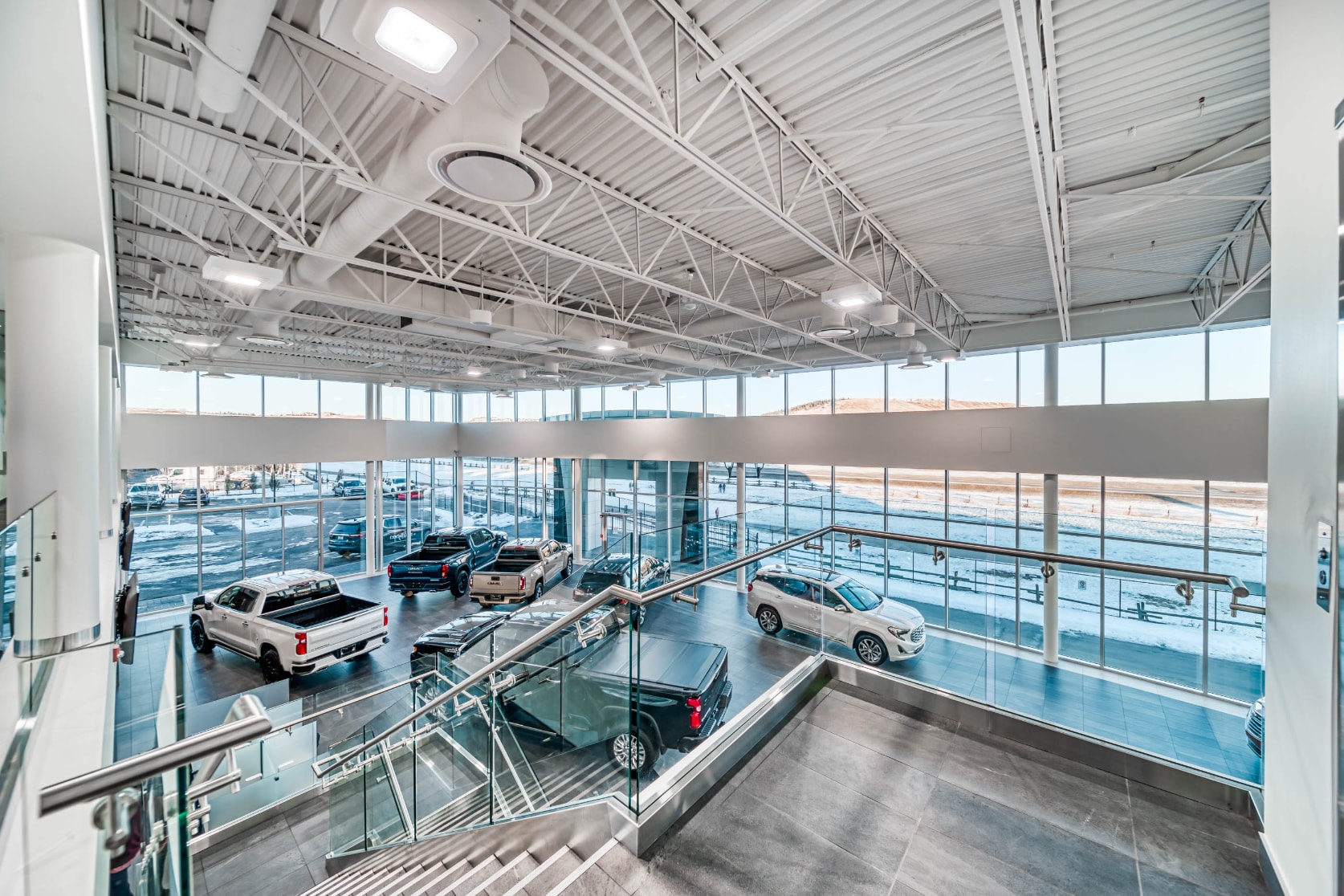 Showroom view from upper sales offices at Cochrane GM.